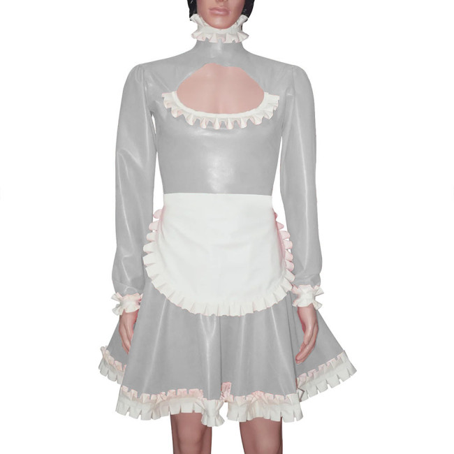 Sissy Maid Hollow Out A-line Pleated Dress with Apron Men High Neck Maid Cosplay Costume Wetlook Ruffles Maid Uniform Crossdress