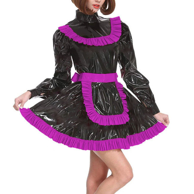 Adult Lockable Turtleneck A-line Maid Uniforms Sissy Long Sleeve Cross Dressing Dress Outfits Party Ruffles PVC Maid Costume 7XL