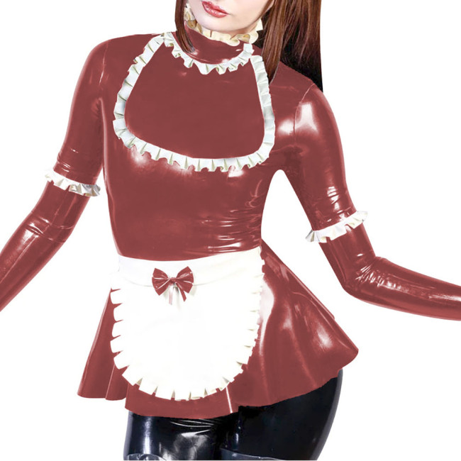 Party Maid Cosplay Dress Outfits Turtleneck Fit and Flared Mini Dress with Bow Apron Vinyl PVC Leather Long Sleeve Maid Uniforms