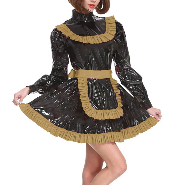 Adult Lockable Turtleneck A-line Maid Uniforms Sissy Long Sleeve Cross Dressing Dress Outfits Party Ruffles PVC Maid Costume 7XL