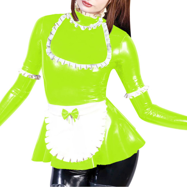 Party Maid Cosplay Dress Outfits Turtleneck Fit and Flared Mini Dress with Bow Apron Vinyl PVC Leather Long Sleeve Maid Uniforms