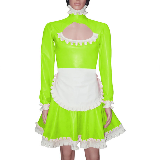 Sissy Maid Hollow Out A-line Pleated Dress with Apron Men High Neck Maid Cosplay Costume Wetlook Ruffles Maid Uniform Crossdress