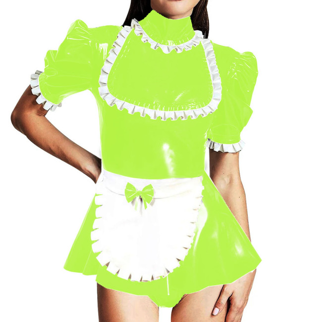 Lockable Turtleneck Ruffles Puff Sleeve Romper Sissy Maid Cosplay Mini Skirt-short Jumpsuit Shiny PVC Leather Party Maid Bodysuit Outfits
