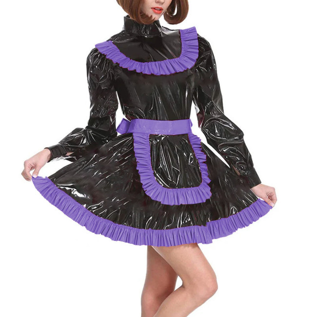 Adult Lockable Turtleneck A-line Maid Uniforms Sissy Long Sleeve Cross Dressing Dress Outfits Party Ruffles PVC Maid Costume 7XL