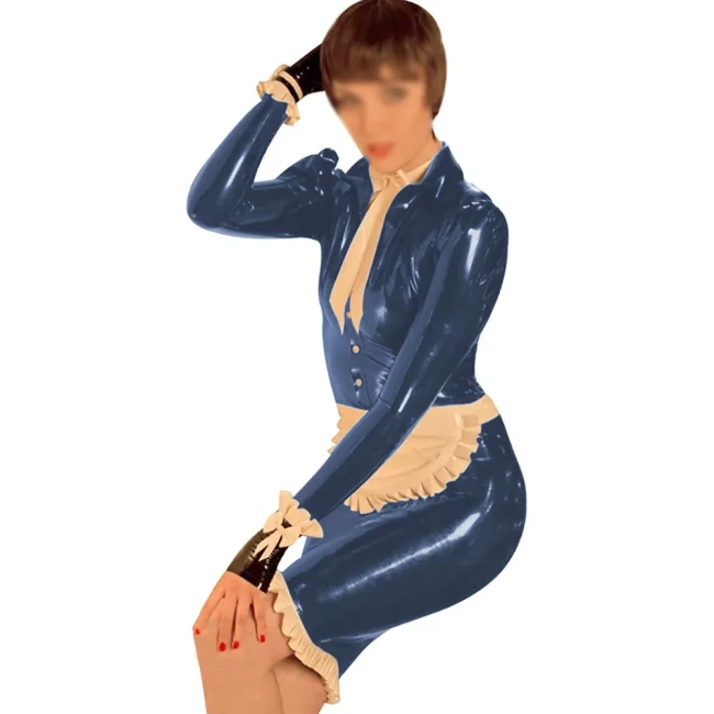 French Apron Maid Bodycon Dresses with Bow Tie Womens Buttons Front Long Sleeve Maid Uniform for Halloween Party Cosplay Outfits