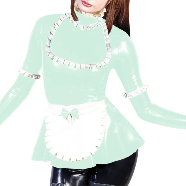 Party Maid Cosplay Dress Outfits Turtleneck Fit and Flared Mini Dress with Bow Apron Vinyl PVC Leather Long Sleeve Maid Uniforms
