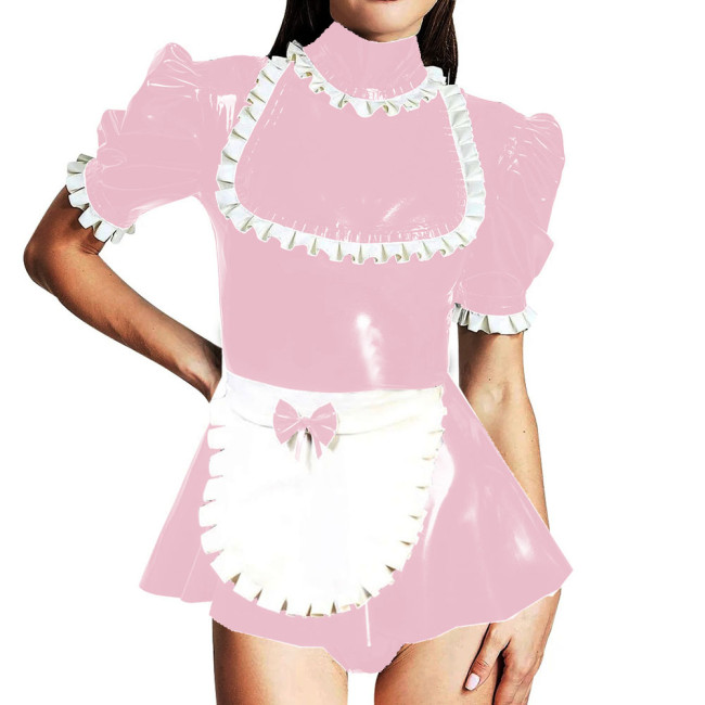 Lockable Turtleneck Ruffles Puff Sleeve Romper Sissy Maid Cosplay Mini Skirt-short Jumpsuit Shiny PVC Leather Party Maid Bodysuit Outfits