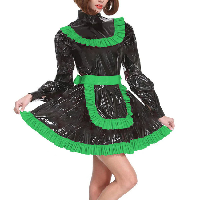 Adult Lockable Turtleneck A-line Maid Uniforms Sissy Long Sleeve Cross Dressing Dress Outfits Party Ruffles PVC Maid Costume 7XL
