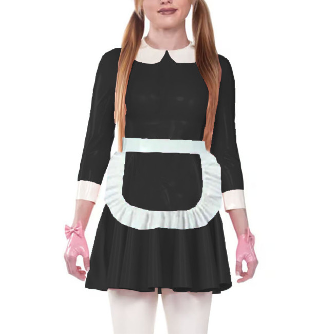 Sweet Shiny PVC Servants Maid Dress with Ruffles Apron Sissy Doll Collar Glossy Patent Leather A-Line Dress Maid Cosplay Costume