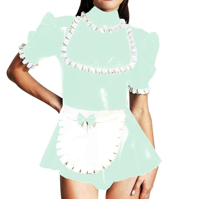 Lockable Turtleneck Ruffles Puff Sleeve Romper Sissy Maid Cosplay Mini Skirt-short Jumpsuit Shiny PVC Leather Party Maid Bodysuit Outfits