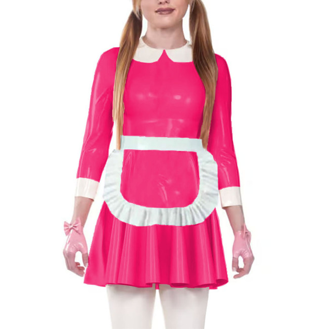 Sweet Shiny PVC Servants Maid Dress with Ruffles Apron Sissy Doll Collar Glossy Patent Leather A-Line Dress Maid Cosplay Costume
