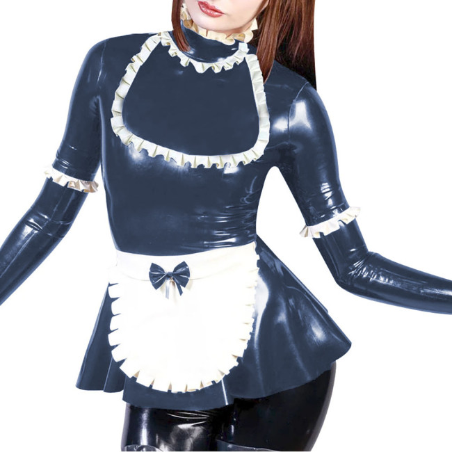 Party Maid Cosplay Dress Outfits Turtleneck Fit and Flared Mini Dress with Bow Apron Vinyl PVC Leather Long Sleeve Maid Uniforms