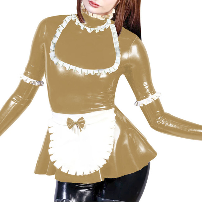 Party Maid Cosplay Dress Outfits Turtleneck Fit and Flared Mini Dress with Bow Apron Vinyl PVC Leather Long Sleeve Maid Uniforms