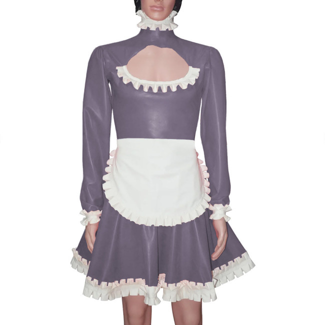 Sissy Maid Hollow Out A-line Pleated Dress with Apron Men High Neck Maid Cosplay Costume Wetlook Ruffles Maid Uniform Crossdress