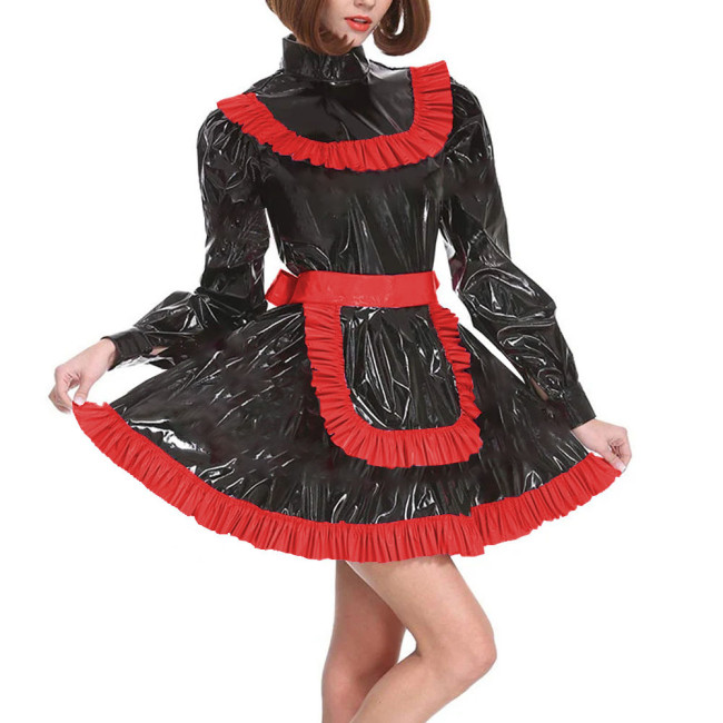 Adult Lockable Turtleneck A-line Maid Uniforms Sissy Long Sleeve Cross Dressing Dress Outfits Party Ruffles PVC Maid Costume 7XL