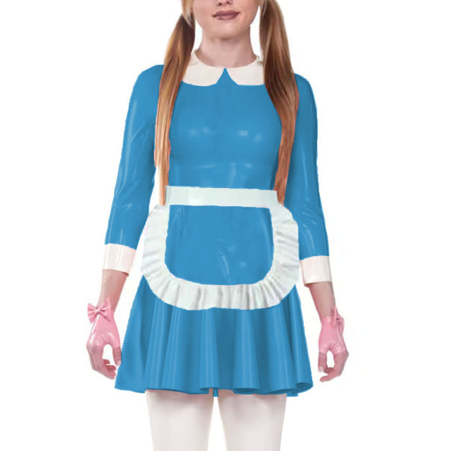 Sweet Shiny PVC Servants Maid Dress with Ruffles Apron Sissy Doll Collar Glossy Patent Leather A-Line Dress Maid Cosplay Costume