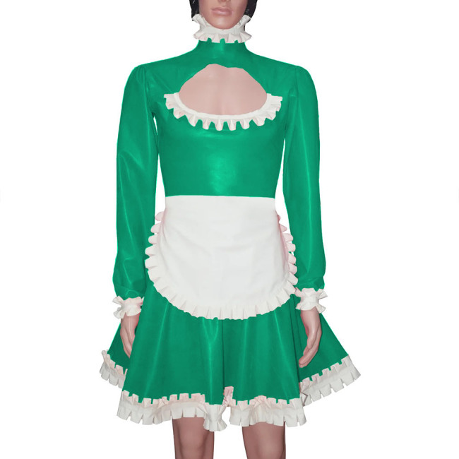 Sissy Maid Hollow Out A-line Pleated Dress with Apron Men High Neck Maid Cosplay Costume Wetlook Ruffles Maid Uniform Crossdress