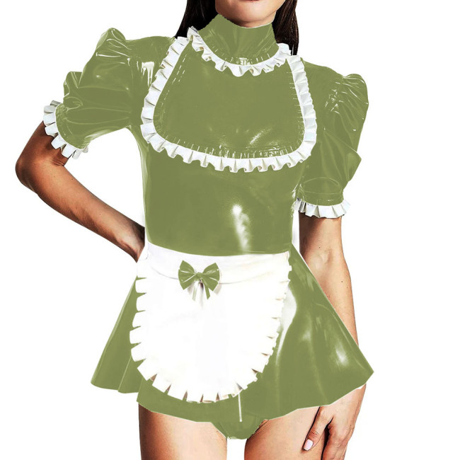 Lockable Turtleneck Ruffles Puff Sleeve Romper Sissy Maid Cosplay Mini Skirt-short Jumpsuit Shiny PVC Leather Party Maid Bodysuit Outfits