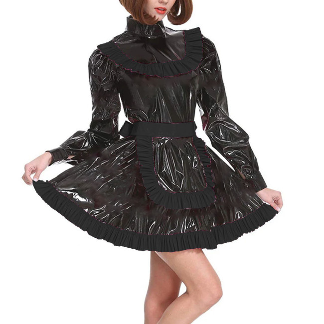 Adult Lockable Turtleneck A-line Maid Uniforms Sissy Long Sleeve Cross Dressing Dress Outfits Party Ruffles PVC Maid Costume 7XL