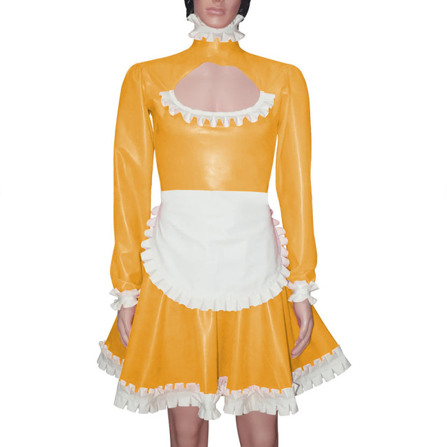 Sissy Maid Hollow Out A-line Pleated Dress with Apron Men High Neck Maid Cosplay Costume Wetlook Ruffles Maid Uniform Crossdress