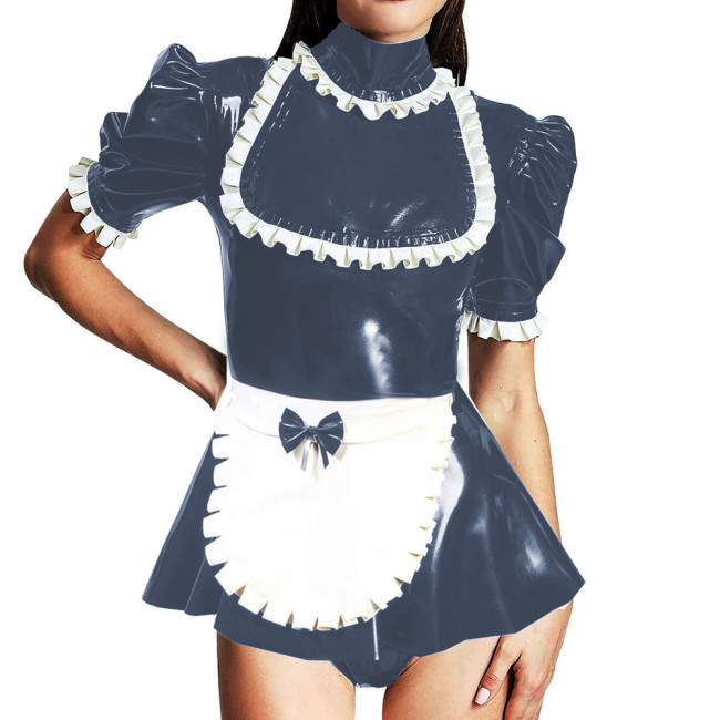 Lockable Turtleneck Ruffles Puff Sleeve Romper Sissy Maid Cosplay Mini Skirt-short Jumpsuit Shiny PVC Leather Party Maid Bodysuit Outfits