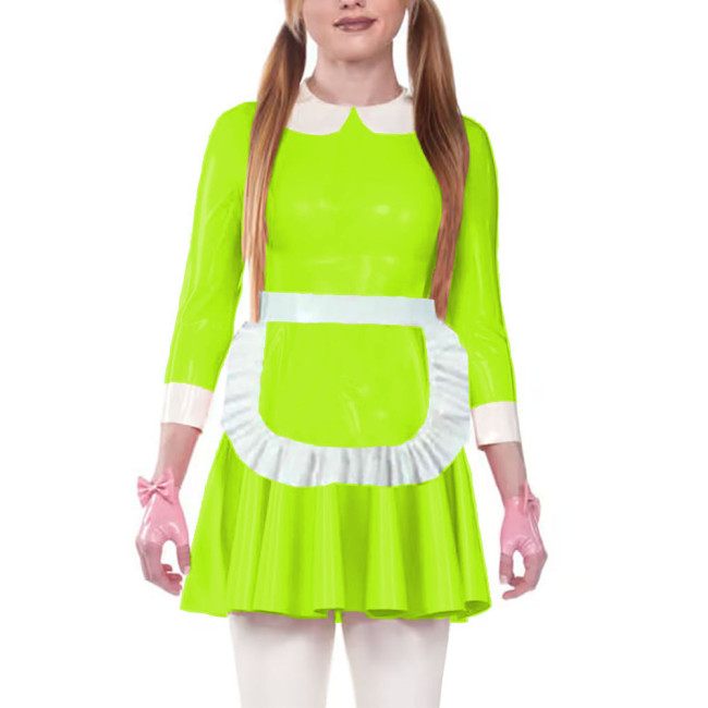 Sweet Shiny PVC Servants Maid Dress with Ruffles Apron Sissy Doll Collar Glossy Patent Leather A-Line Dress Maid Cosplay Costume