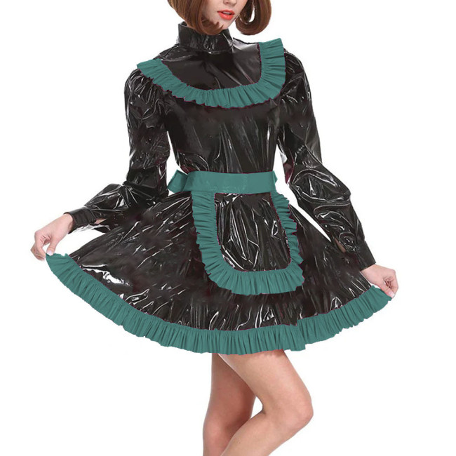 Adult Lockable Turtleneck A-line Maid Uniforms Sissy Long Sleeve Cross Dressing Dress Outfits Party Ruffles PVC Maid Costume 7XL