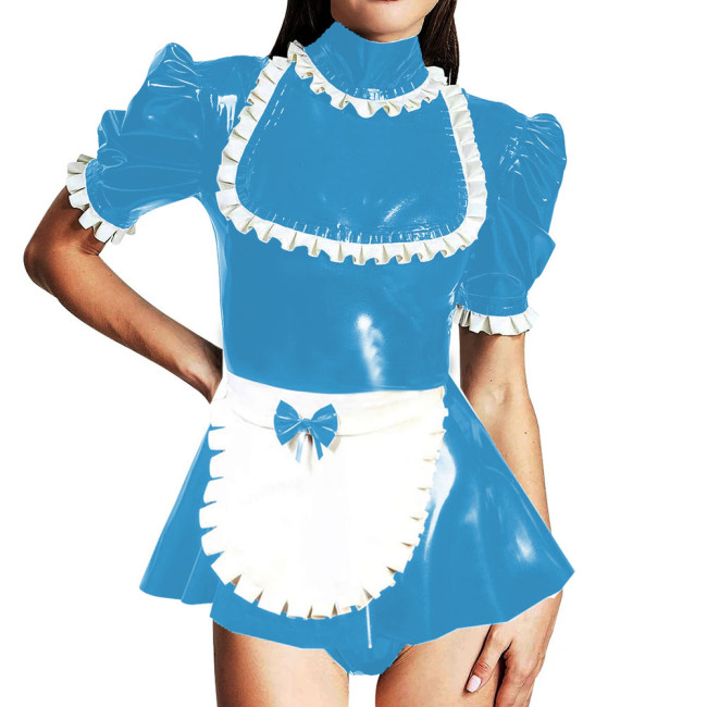 Lockable Turtleneck Ruffles Puff Sleeve Romper Sissy Maid Cosplay Mini Skirt-short Jumpsuit Shiny PVC Leather Party Maid Bodysuit Outfits