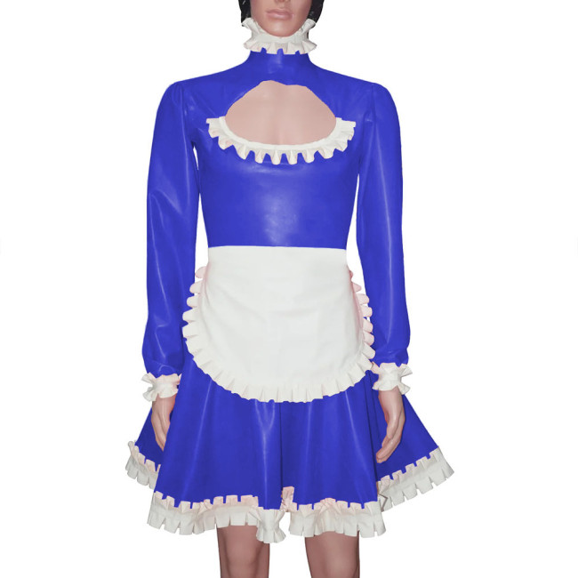 Sissy Maid Hollow Out A-line Pleated Dress with Apron Men High Neck Maid Cosplay Costume Wetlook Ruffles Maid Uniform Crossdress