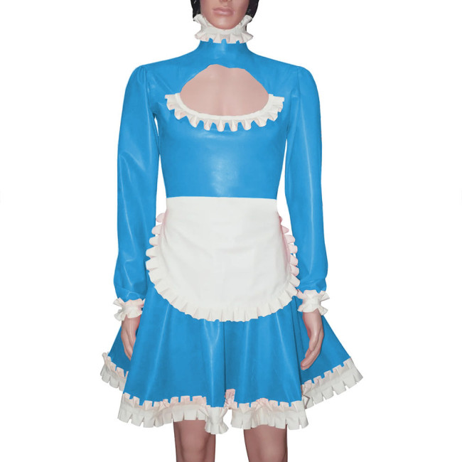 Sissy Maid Hollow Out A-line Pleated Dress with Apron Men High Neck Maid Cosplay Costume Wetlook Ruffles Maid Uniform Crossdress