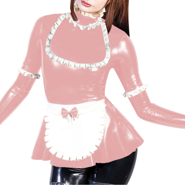 Party Maid Cosplay Dress Outfits Turtleneck Fit and Flared Mini Dress with Bow Apron Vinyl PVC Leather Long Sleeve Maid Uniforms