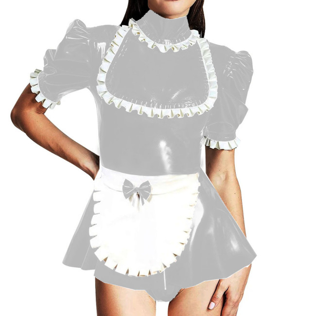 Lockable Turtleneck Ruffles Puff Sleeve Romper Sissy Maid Cosplay Mini Skirt-short Jumpsuit Shiny PVC Leather Party Maid Bodysuit Outfits