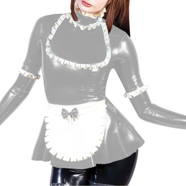 Party Maid Cosplay Dress Outfits Turtleneck Fit and Flared Mini Dress with Bow Apron Vinyl PVC Leather Long Sleeve Maid Uniforms