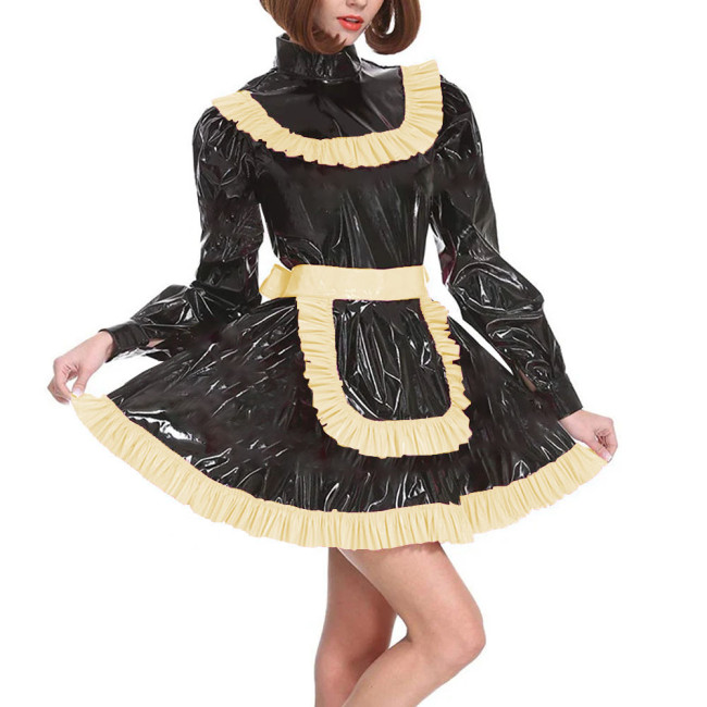 Adult Lockable Turtleneck A-line Maid Uniforms Sissy Long Sleeve Cross Dressing Dress Outfits Party Ruffles PVC Maid Costume 7XL