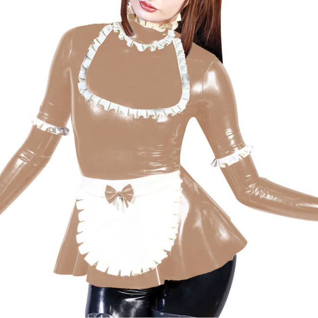 Party Maid Cosplay Dress Outfits Turtleneck Fit and Flared Mini Dress with Bow Apron Vinyl PVC Leather Long Sleeve Maid Uniforms