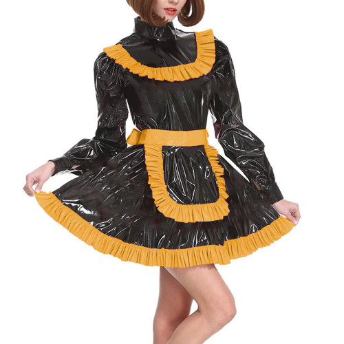 Adult Lockable Turtleneck A-line Maid Uniforms Sissy Long Sleeve Cross Dressing Dress Outfits Party Ruffles PVC Maid Costume 7XL