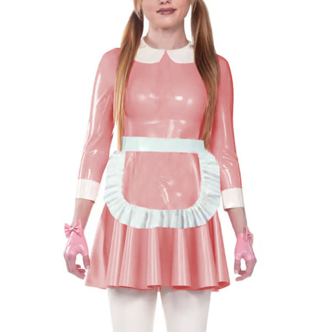 Sweet Shiny PVC Servants Maid Dress with Ruffles Apron Sissy Doll Collar Glossy Patent Leather A-Line Dress Maid Cosplay Costume