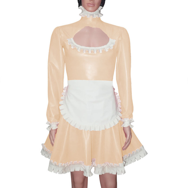 Sissy Maid Hollow Out A-line Pleated Dress with Apron Men High Neck Maid Cosplay Costume Wetlook Ruffles Maid Uniform Crossdress