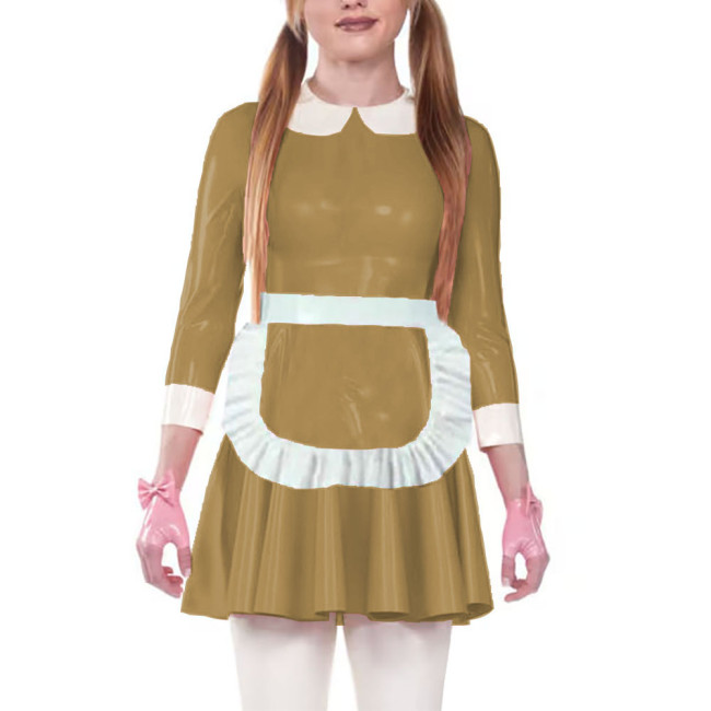 Sweet Shiny PVC Servants Maid Dress with Ruffles Apron Sissy Doll Collar Glossy Patent Leather A-Line Dress Maid Cosplay Costume