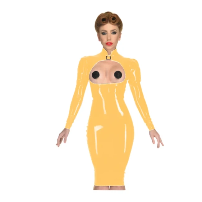 Erotic Sexy Open Cup Bodycon Dress Wetlook PVC Leather Long Sleeve Knee-length Dress Glossy Open Crotch Dress Plus Size Clubwear