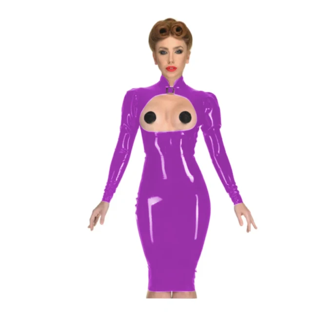 Erotic Sexy Open Cup Bodycon Dress Wetlook PVC Leather Long Sleeve Knee-length Dress Glossy Open Crotch Dress Plus Size Clubwear