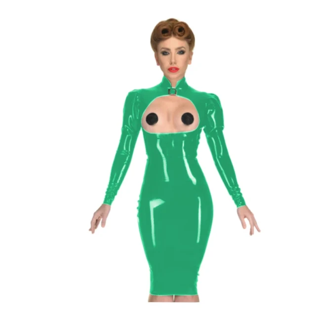 Erotic Sexy Open Cup Bodycon Dress Wetlook PVC Leather Long Sleeve Knee-length Dress Glossy Open Crotch Dress Plus Size Clubwear