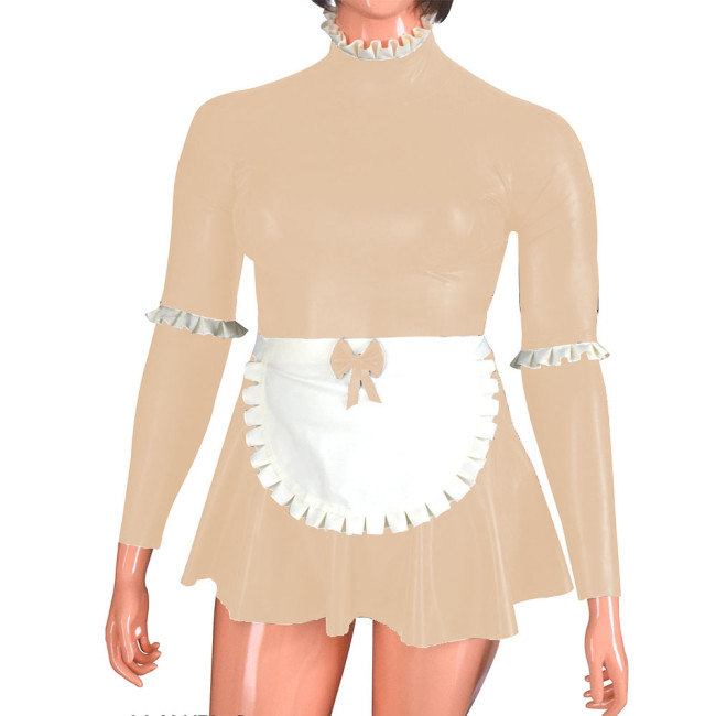 Long Sleeve Wetlook PVC French Maid Dress Outfits Raves Party Zippers Back Bows A-line Pleated Maid Uniform Plus Size Cosplay