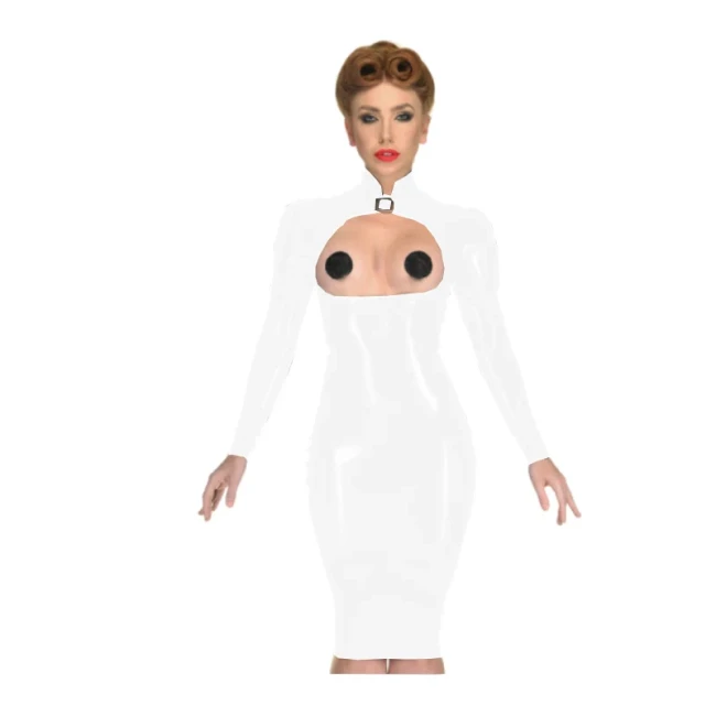 Erotic Sexy Open Cup Bodycon Dress Wetlook PVC Leather Long Sleeve Knee-length Dress Glossy Open Crotch Dress Plus Size Clubwear