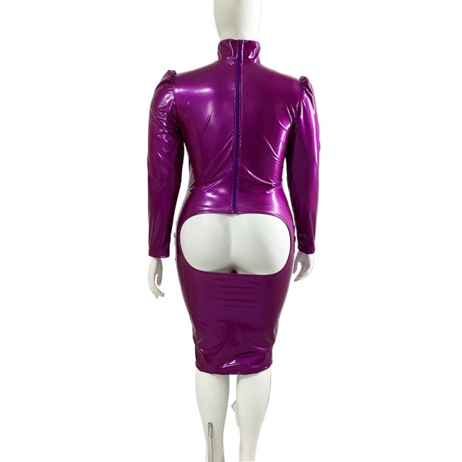Erotic Sexy Open Cup Bodycon Dress Wetlook PVC Leather Long Sleeve Knee-length Dress Glossy Open Crotch Dress Plus Size Clubwear