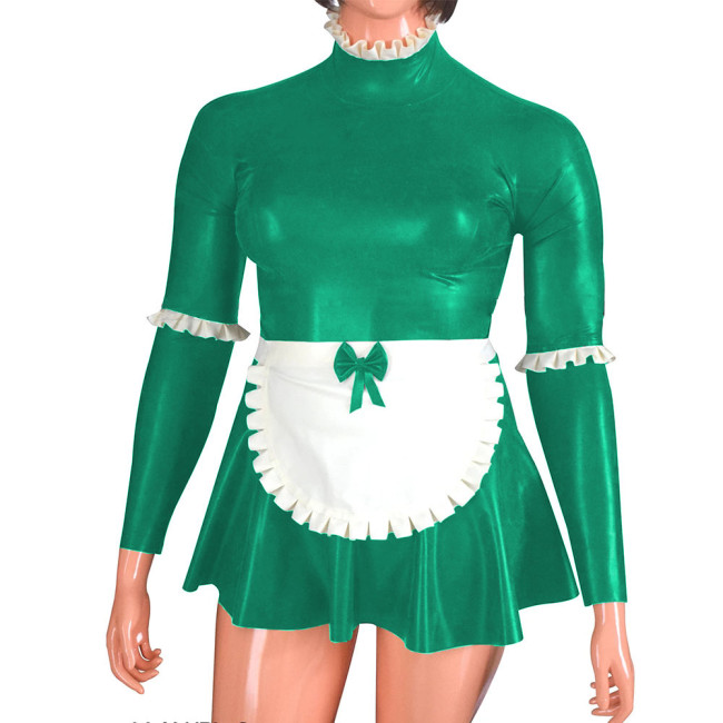 Long Sleeve Wetlook PVC French Maid Dress Outfits Raves Party Zippers Back Bows A-line Pleated Maid Uniform Plus Size Cosplay