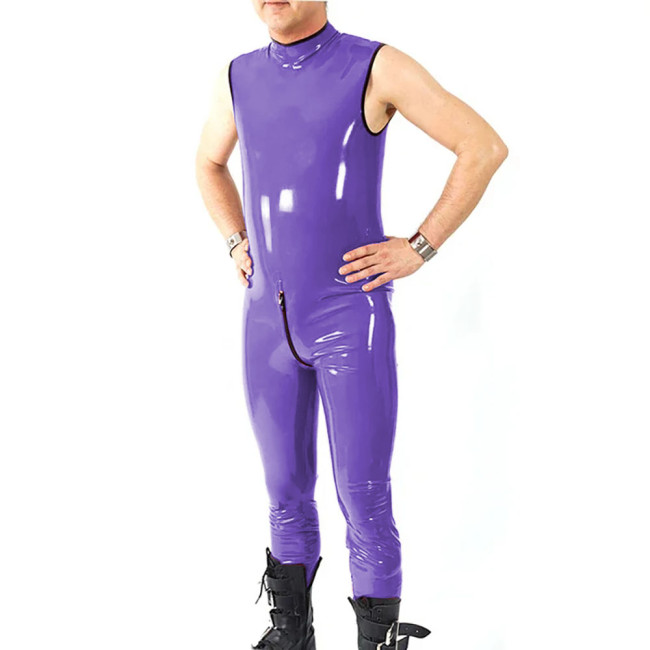 Sexy Button Open Crotch Rompers Halloween Party Cosplay Mens Catsuit Sleeveless PVC Leather Jumpsuit Clubwear Slim Bodysuit 7XL
