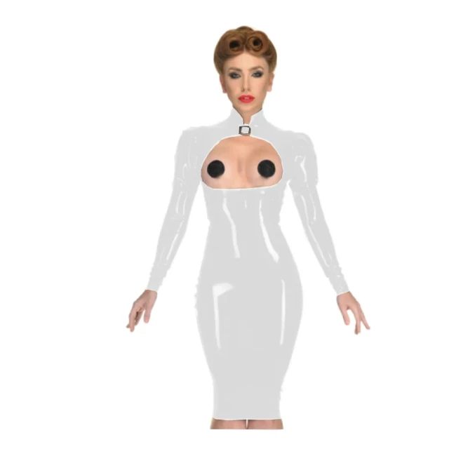 Erotic Sexy Open Cup Bodycon Dress Wetlook PVC Leather Long Sleeve Knee-length Dress Glossy Open Crotch Dress Plus Size Clubwear