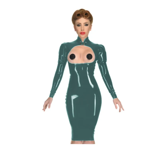 Erotic Sexy Open Cup Bodycon Dress Wetlook PVC Leather Long Sleeve Knee-length Dress Glossy Open Crotch Dress Plus Size Clubwear