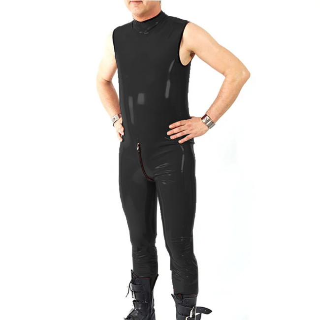 Sexy Button Open Crotch Rompers Halloween Party Cosplay Mens Catsuit Sleeveless PVC Leather Jumpsuit Clubwear Slim Bodysuit 7XL